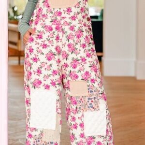 POL Pink Floral Patchwork Wide-Leg Jumpsuit